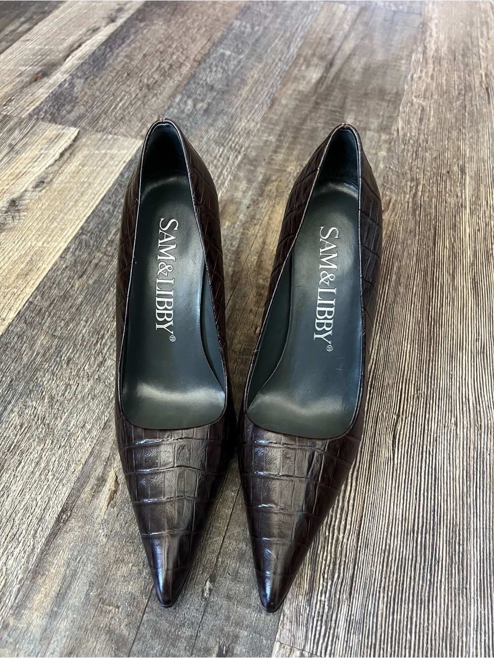 Sam & Libby Croc-Embossed Pointed Toe Pumps in Dark Brown